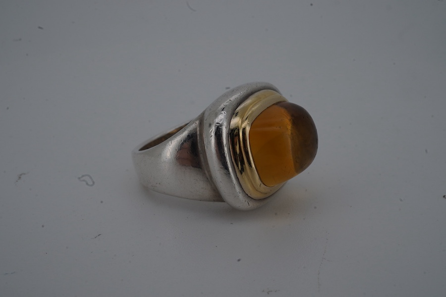 Paloma Picasso for Tiffany & Co., a citrine ring, set with a sugarloaf cabochon citrine, collet-set in bicoloured silver, size K, signed Tiffany & Co. and Paloma Picasso, British hallmarks for silver, pouch stamped Tiffa